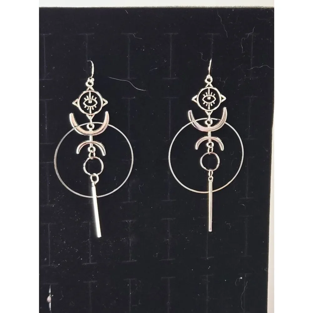 Evil Eye Moon Earrings Silver Dangle Celestial Hoop Statement Oversized Edgy Alt